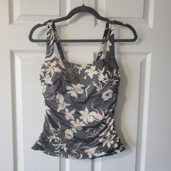 Athleta Aqualuxe Gray Floral Print Ruched Tankini Swim Top - Picture 4 of 10